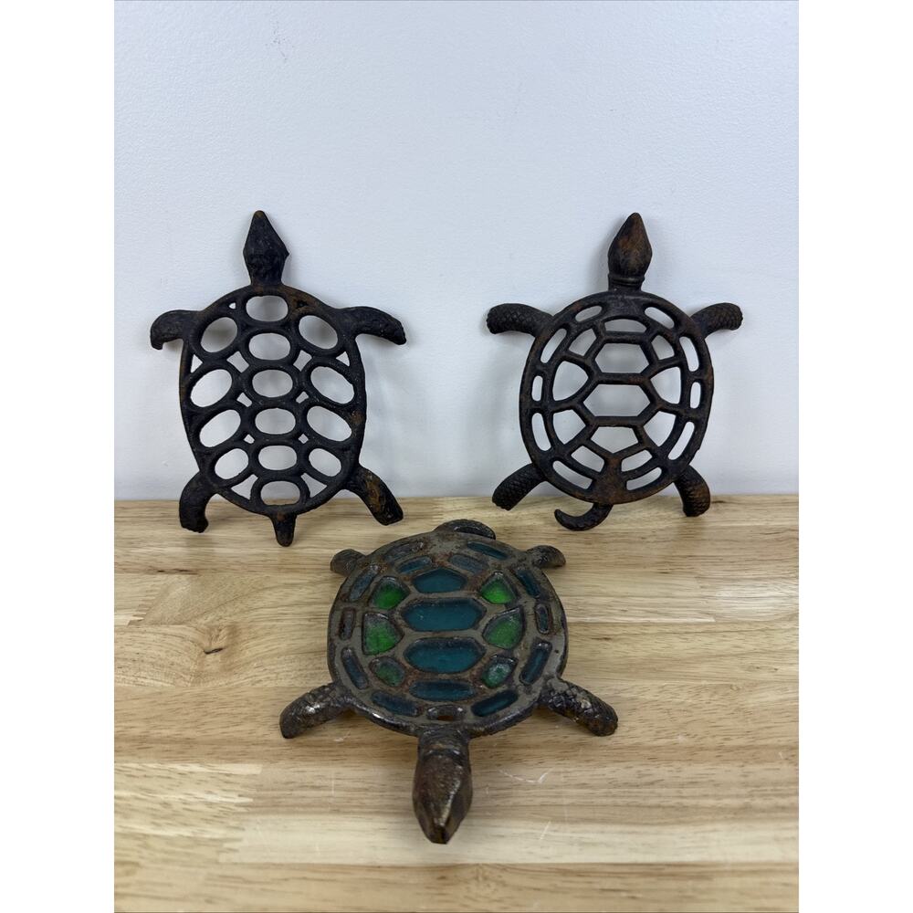 Vintage Cast Iron Turtle Trivets Lot Of 3 Stained Glass 7.5”